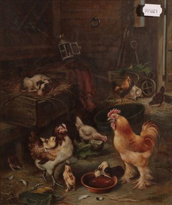 Lot 1100 - Follower of Edgar Hunt (1876-1953)  Cockerel, chickens, chicks and a sleeping dog in farmyard Bears