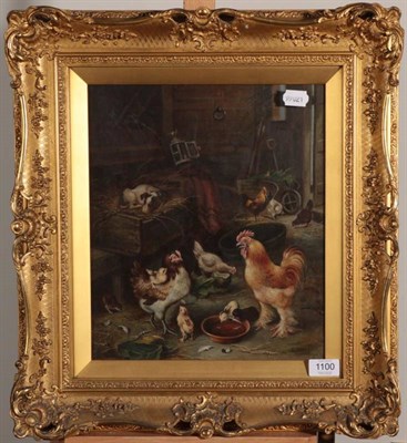 Lot 1100 - Follower of Edgar Hunt (1876-1953)  Cockerel, chickens, chicks and a sleeping dog in farmyard Bears