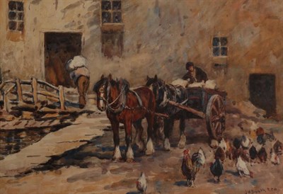 Lot 1107 - James William Booth ARCA (1867-1953)  Chickens before a horse and cart Signed, watercolour,...