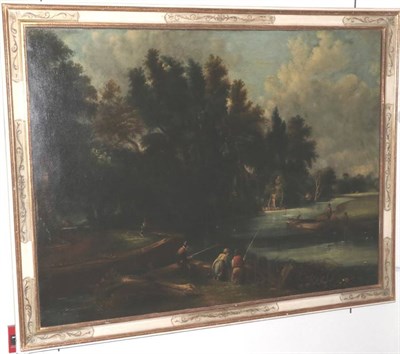 Lot 1110 - English School (19th century) Fishing by the river bank Oil on canvas, 95cm by 128cm