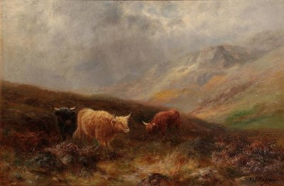Lot 1115 - William Edward Pettingale (1871-1924)  Highland Cattle in stormy landscape  Signed, oil on...