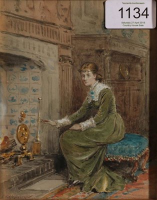 Lot 1134 - George Goodwin Kilburne (1839-1924) Seated lady by fireplace Signed, watercolour, 15.5cm by 12cm