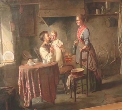 Lot 1155 - British School (19th century) A family scene, interior with spinning wheel Indistinctly signed, oil