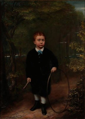 Lot 1159 - English school (late 19th century)  Portrait of a young boy with stick and hoop Oil on canvas, 38cm