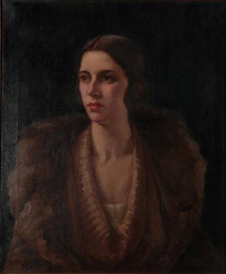 Lot 1166 - English School (early 20th century)  Portrait of an elegant lady in a fur trimmed coat  Oil on...