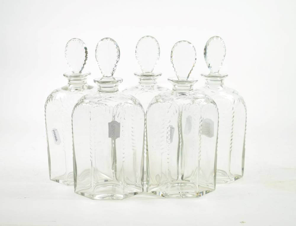 Lot 1189 - A Set of Five Glass Spirit Decanters and Stoppers, early 19th century, of hexagonal section...