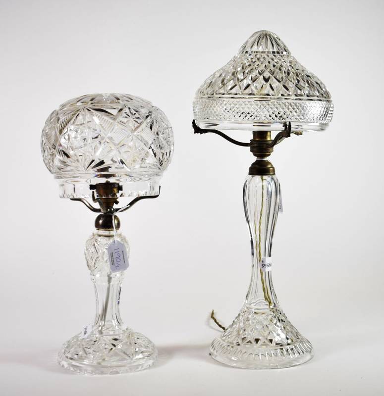Lot 1190 - A Cut Glass Mushroom Lamp, early 20th century, with domed shade, baluster stem and domed foot, 47cm