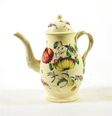 Lot 1221 - A Creamware Coffee Pot and Cover, circa 1770, of baluster form with entwined handles, painted...