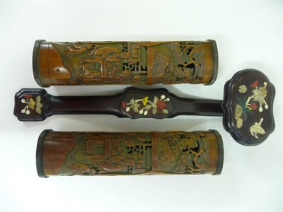 Lot 322 - A Chinese Mother-of-Pearl and Hardstone Inlaid Hardwood Ruyi Sceptre, late 19th/early 20th century