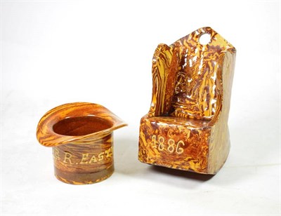 Lot 1235 - An Agateware Miniature Lambing Chair, probably Halifax, dated 1886, with pierced arched...