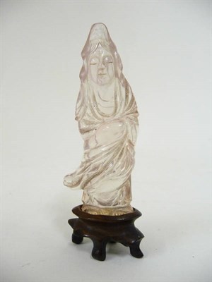 Lot 323 - A Chinese Rose Quartz Small Carved Figure of Guanyin, circa 1890, 7.8cm, on a wood stand