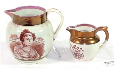 Lot 1263 - A Pearlware Queen Caroline Commemorative Jug, circa 1820, printed in ochre with bust portraits...