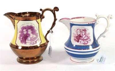 Lot 1268 - A Copper Lustre Victoria and Albert Commemorative Jug, circa 1837, printed in puce with bust...