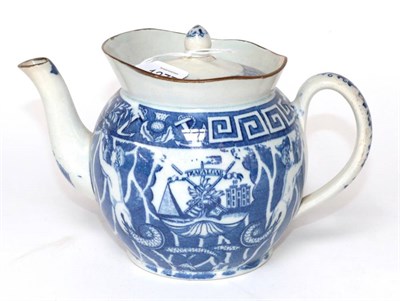 Lot 1277 - A Pearlware Nelson Commemorative Teapot and Cover, circa 1805, printed in underglaze blue with...