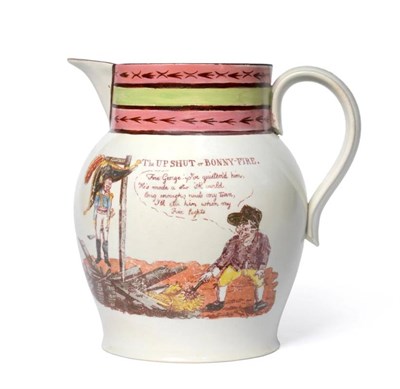 Lot 1280 - A Pearlware Anti-Bonaparte Jug, early 19th century, printed and overpainted with The UP SHUT or...