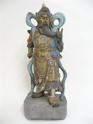 Lot 328 - A Chinese Carved, Gilded and Painted Figure of a Warrior, in Ming style, with helmet and...