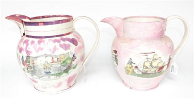 Lot 1293 - A Dixon & Co Sunderland Lustre Jug, circa 1820, printed and overpainted with a sailing ship...