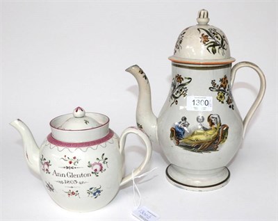 Lot 1300 - A Pearlware Teapot and Cover, dated 1803, of ovoid form with cylindrical collar, inscribed Ann...