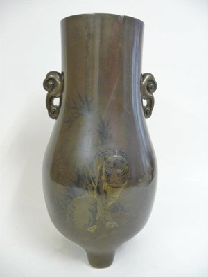 Lot 329 - A Japanese Silver and Gold Inlaid Bronze Vase, Meiji Period (1868-1912), of pear shape with...