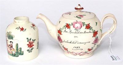 Lot 1303 - A Dutch Decorated Creamware Teapot and Cover, dated 1787, of ovoid form inscribed Jan Baatest...