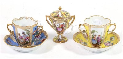 Lot 1340 - ~ A Matched Harlequin Pair of Helena Wolfsohn, Dresden Twin-Handled Cabinet Cups and Saucers,...