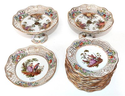 Lot 1346 - ~ A Meissen Style Porcelain Fifteen-Piece Dessert Service, late 19th century, painted with...