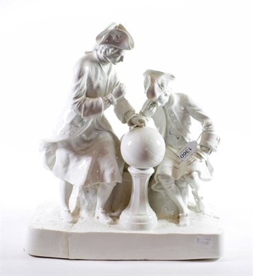 Lot 1360 - A German White Porcelain Figure Group, in 18th century style, modelled as two gentlemen looking...