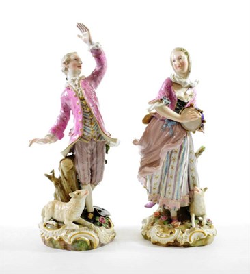 Lot 1362 - A Pair of Meissen Figures, 19th century, modelled as shepherd and shepherdess with tambourine...