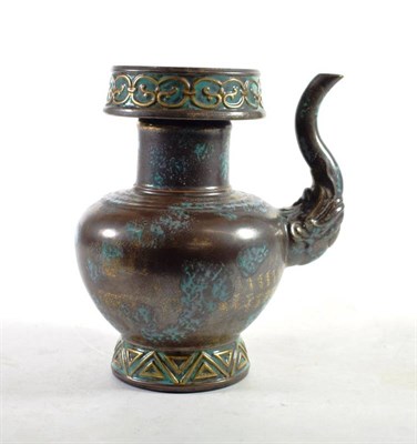 Lot 1368 - A Chinese Bronzed Stoneware Ewer, bears Qianlong reign mark, of archaic form, decorated with...