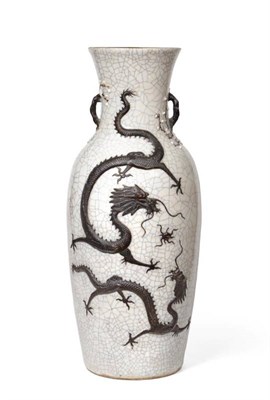 Lot 1371 - A Chinese Crackle Glazed Baluster Vase, late Qing Dynasty, with flared neck applied by bronzed...