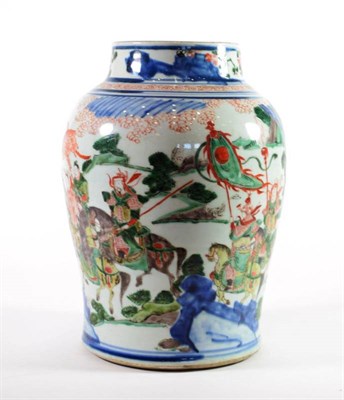 Lot 1375 - A Chinese Wucai Porcelain Baluster Jar, painted with warriors on horseback and figures on foot...