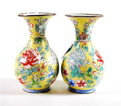 Lot 1381 - A Pair of Canton Enamel Pear Shaped Vases, 19th century, with flared necks decorated with...