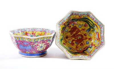 Lot 1382 - A Pair of Chinese Porcelain Octagonal Bowls, Qianlong reign mark but not of the period, painted...