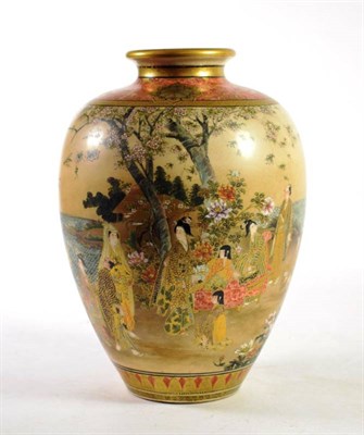 Lot 1399 - A Satsuma Earthenware Baluster Vase, Meiji period, signed Ryokuzan, painted with figures in...