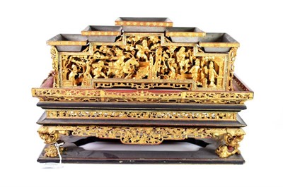 Lot 1404 - A Chinese Lacquer Table Shrine, 19th century, of rectangular form, gilt with landscapes,...