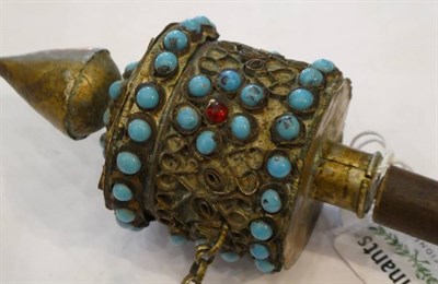 Lot 1417 - A Nepalese Brass Prayer Wheel, with turquoise decoration, 21cm; and A Large Opium Weight, in...