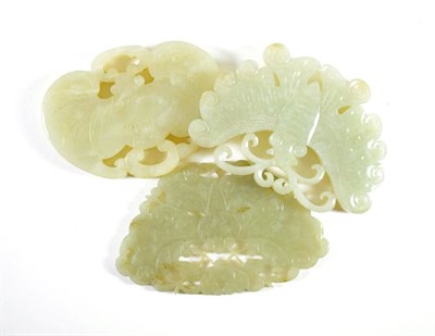 Lot 1438 - A Chinese Jade Plaque, carved and pierced as a moth, 9cm wide; A Similar Plaque, 9cm wide; and...