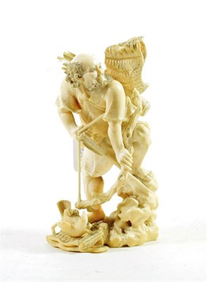 Lot 1453 - A Japanese Ivory Okimono, Meiji period, as a huntsman drawing a bow, a bird at his feet, signed...