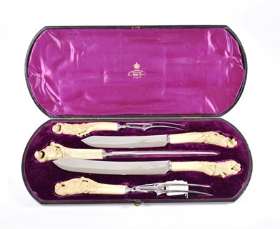 Lot 1463 - A Japanese Horn and Walker & Hall Steel Five Piece Carving Set, late 19th century, the handles...