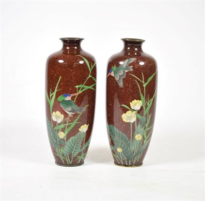 Lot 1470 - A Pair of Japanese Cloisonné Enamel Vases, Meiji period, of baluster form, decorated with...