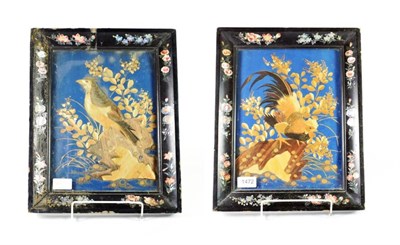 Lot 1472 - A Pair of Japanese Straw-Work Pictures, 19th century, depicting birds amongst foliage and...