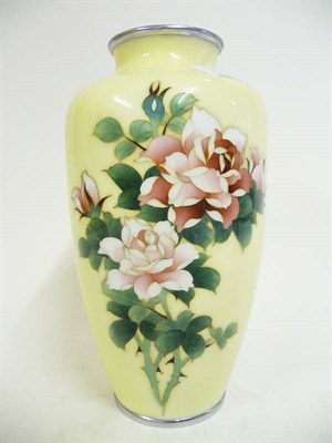 Lot 346 - A Japanese Cloisonné Enamel Baluster Vase, 20th century, decorated with flowering pink roses on an