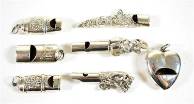 Lot 1571 - ~ An Edwardian Heart-Shaped Silver Whistle, Sampson Mordan & Co, Chester 1908; Another, by...