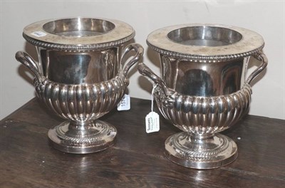 Lot 1574 - A Pair of Old Sheffield Plate Wine Coolers, 1st half 19th Century, of part fluted campana form with