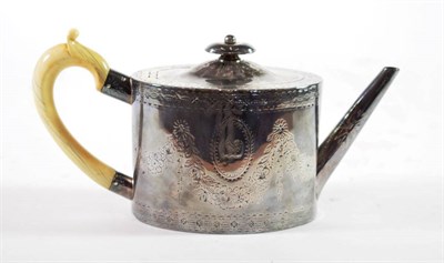 Lot 1583 - A George III Silver Teapot, John Denziloe, London 1782, oval with engraved swag decoration, a crest