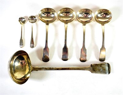 Lot 1610 - A George IV Silver Fiddle Pattern Soup Ladle, Jonathan Hayne, London 1823; A Set of Four Silver...