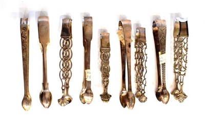 Lot 1647 - A Collection of Nine Pairs of George III and Later Silver Sugar Tongs, comprising: three George III