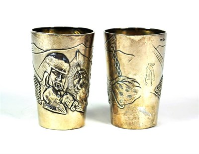 Lot 1652 - A Pair of Russian Silver Beakers, right facing Kokoshnik mark, possibly Moscow, 1908-26, makers...