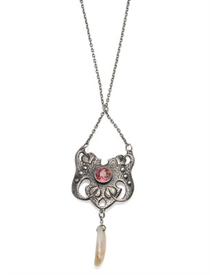 Lot 365 - An Art Nouveau Pendant on Chain, a hammered leaf decorated pierced panel is centred by a pink...