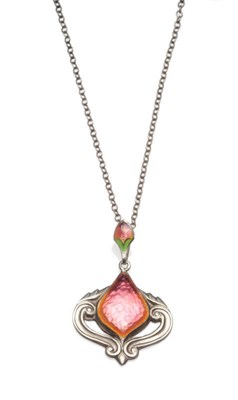 Lot 366 - An Enamelled Pendant on Chain, a purple pink and green enamelled bale suspends an Art Nouveau style